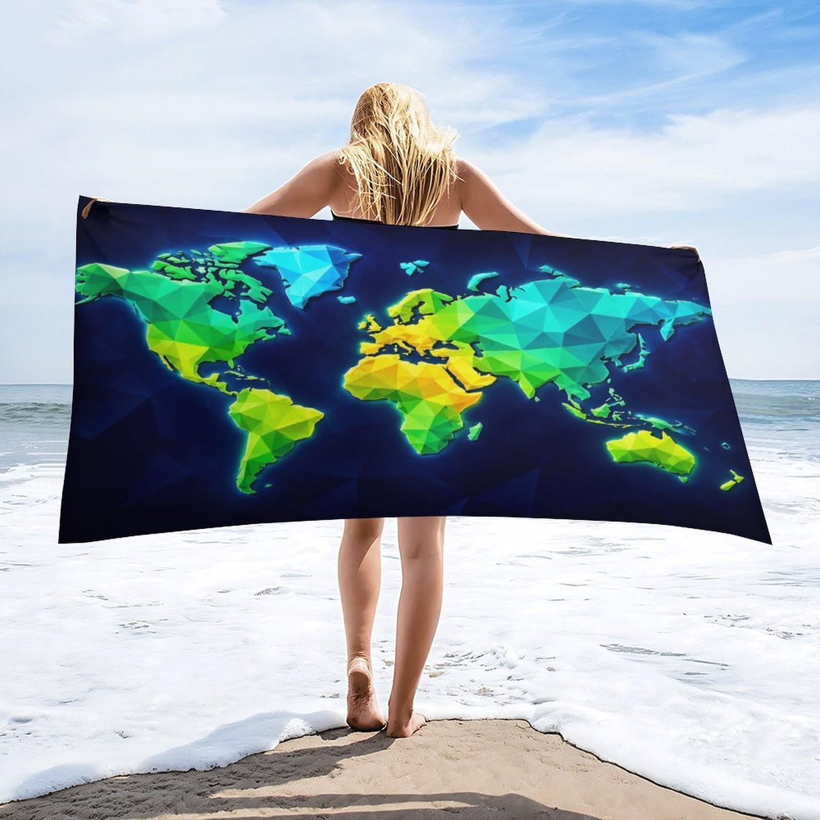 Anceky Geometric World Map Beach Towel 30"×60",Soft Microfiber Bath Towel Shawl, Quick Dry Absorbent Pool Spa Gym Shower Towel