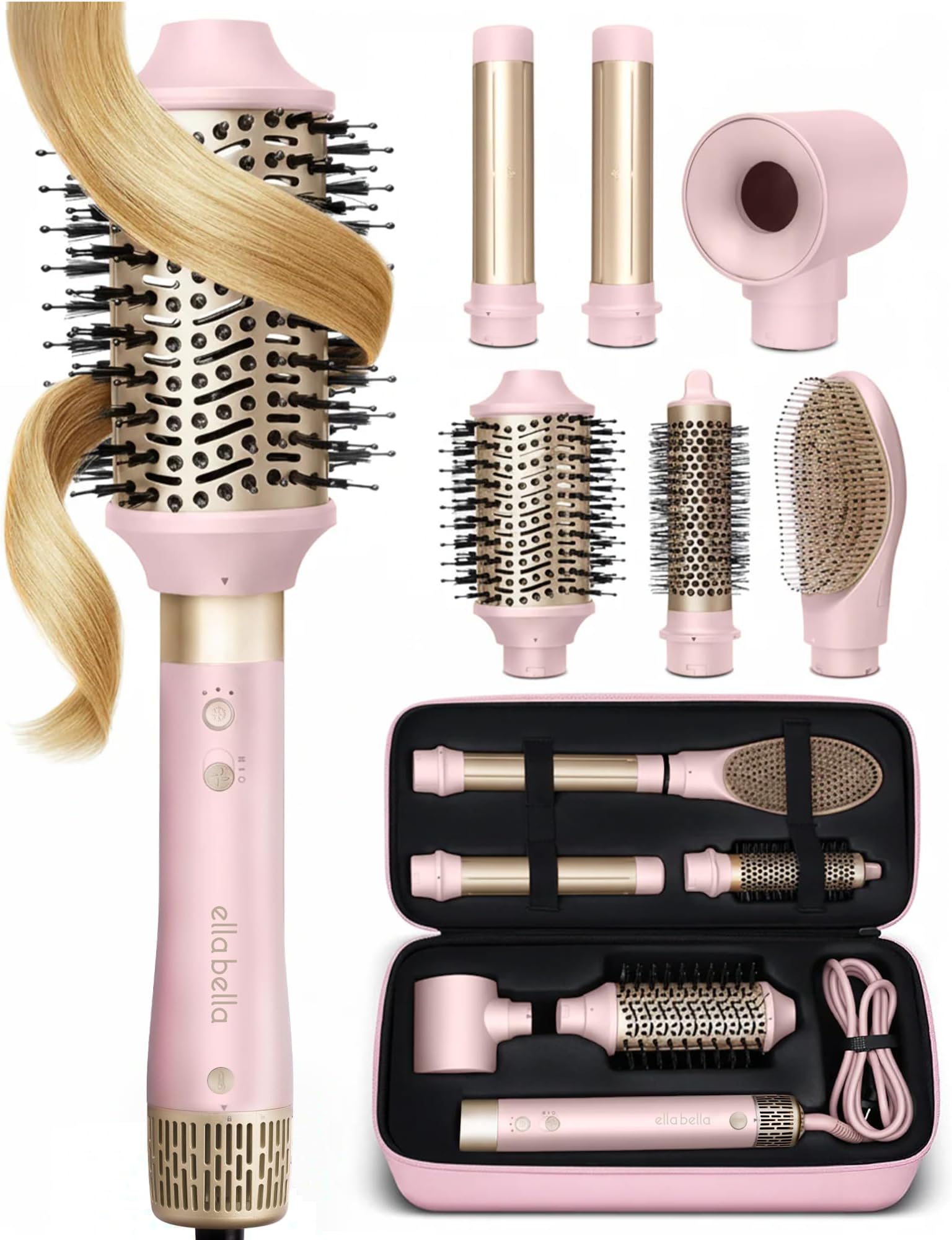 ELLA BELLA® 6 in 1 Professional Hot Air Styler • Powerful Hair Dryer & Straightener Set • Styling Without Heat Damage • Fast Drying Curling Volumizing Straightening • Includes Protective Travel Case