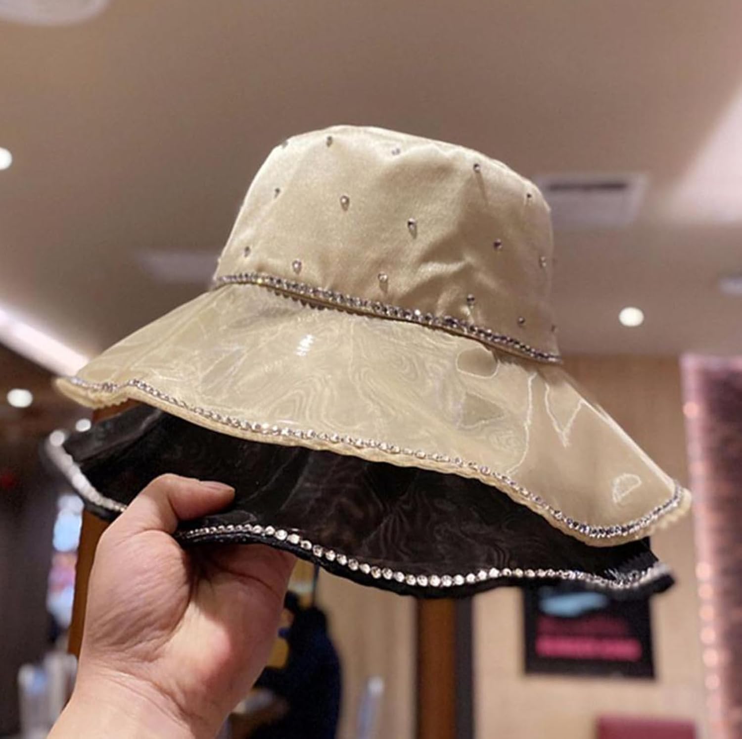 Women Rhinestone Bucket Sun Hat,Sequin Silky Satin Shiny Fishing Caps Packable Outdoor Summer Travel Beach Sunhat for Women