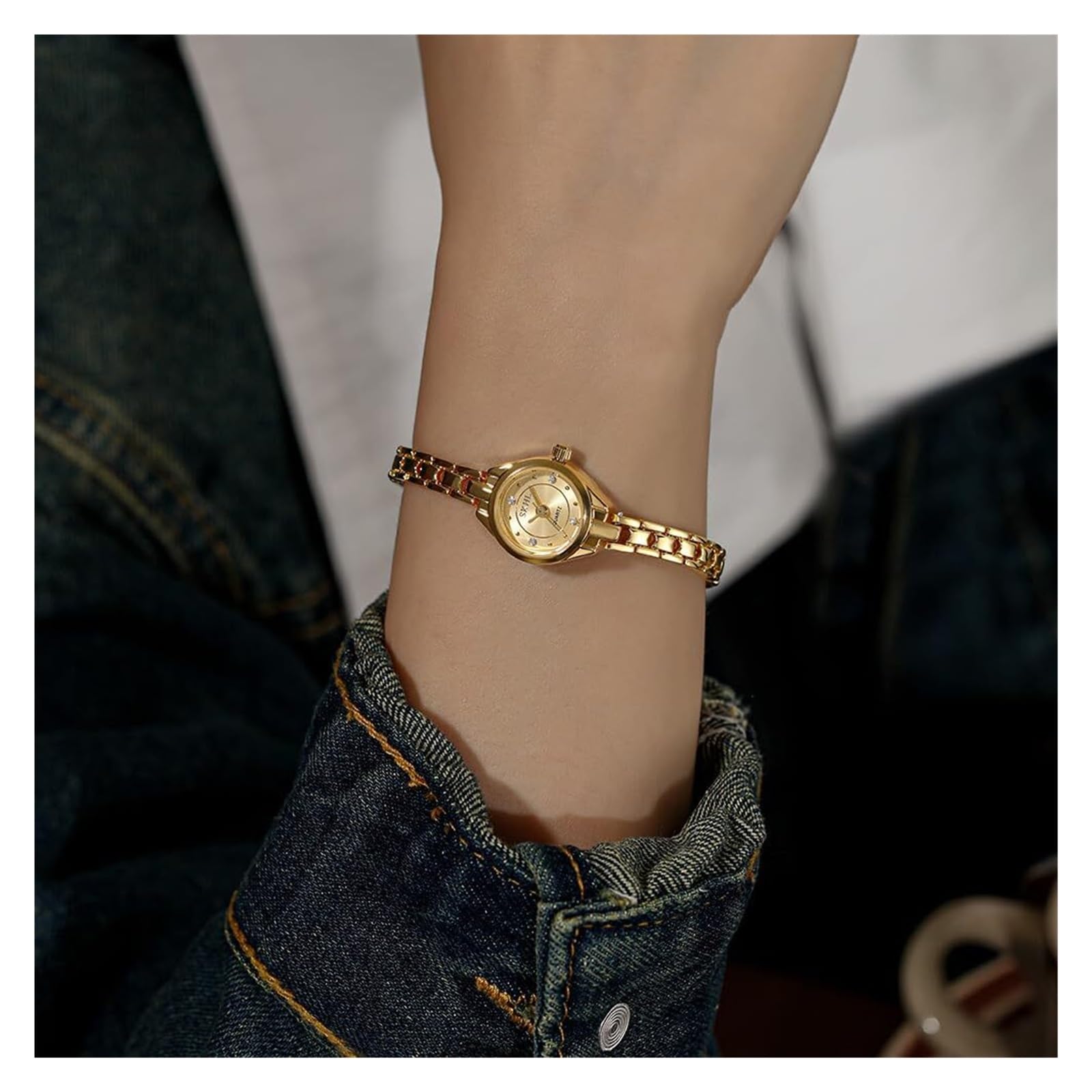 Orologio da donna piccolo rotondo con strass Orologio da polso | Orologio da polso al quarzo con bracciale a maglie Marker, delicato orologio da polso da donna ultra sottile