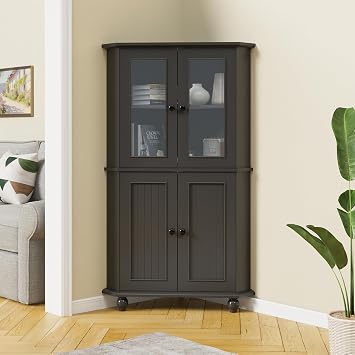 Tall Corner Cabinet with Glass Doors, Black Corner Shelf for Living Room | Tempered Glass, Painted, Adjustable Shelves, Roman Column Legs, Anti-Tipping Device, Assembly Required, Large Storage Space