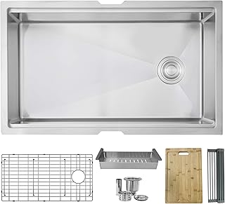 STYLISH 33 inch x 19 inch Single Bowl Undermount 16G Reversible Kitchen Ledge Workstation Sink with Grid, Luxury Basket Strainer, Drying Rack, Colander and Bamboo Cutting Board, S-613W