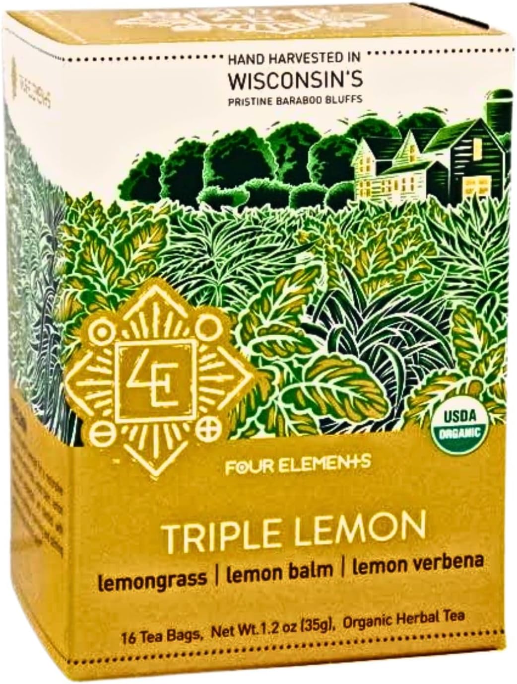 Four Elements 4E Triple Lemon Tea, Blended with Lemongrass, Lemon Balm and Lemon Verbena, 100% Organic Herbal Tea, 16 Teabags, 1.2 OZ