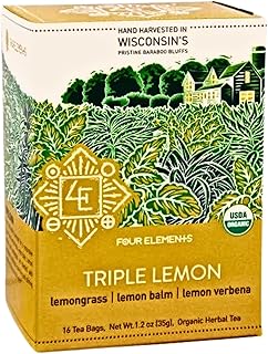 Four Elements 4E Triple Lemon Tea, Blended with Lemongrass, Lemon Balm and Lemon Verbena, 100% Organic Herbal Tea, 16 Teabags, 1.2 OZ