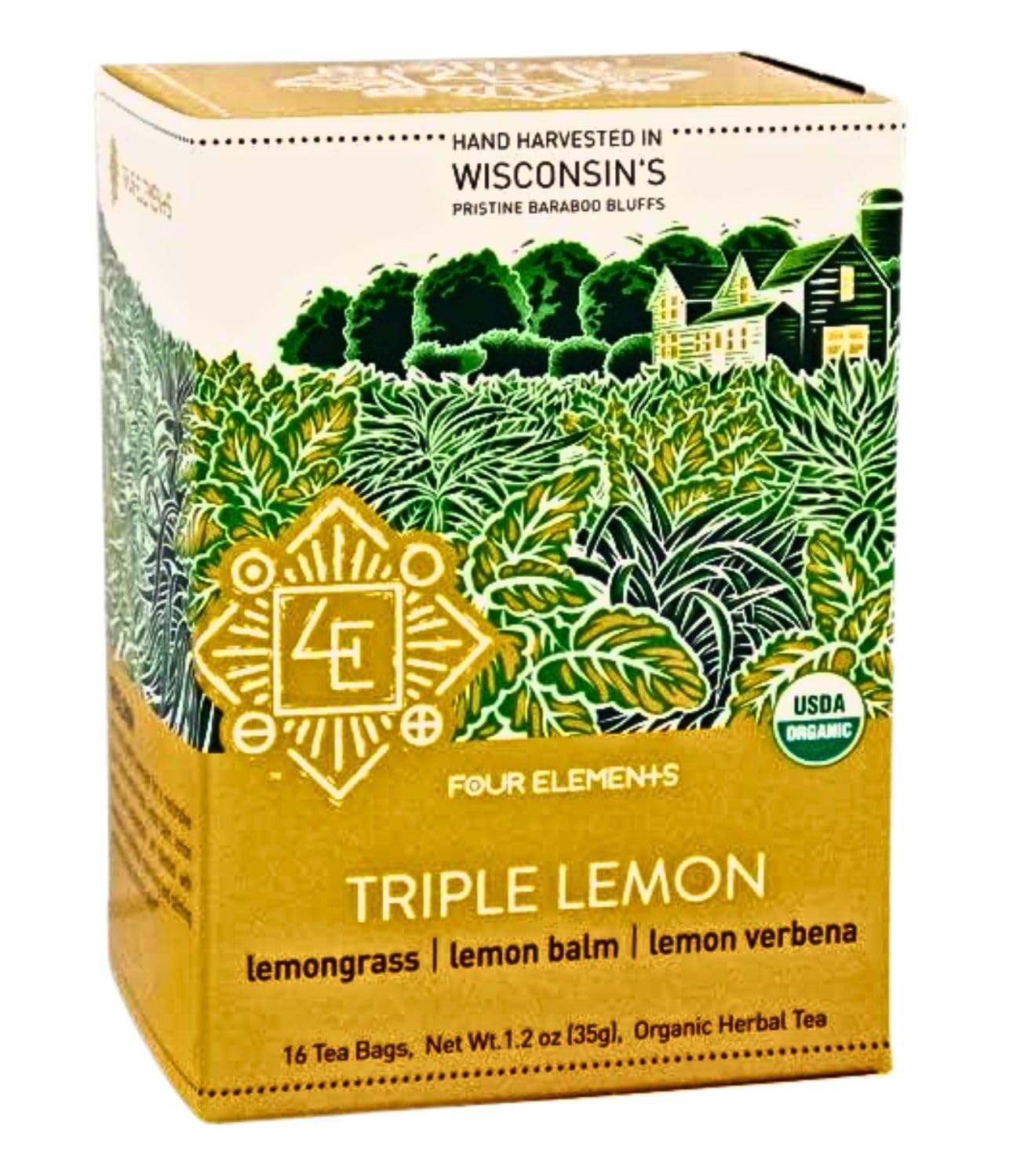 Four Elements 4E Triple Lemon Tea, Blended with Lemongrass, Lemon Balm and Lemon Verbena, 100% Organic Herbal Tea, 16 Teabags, 1.2 OZ
