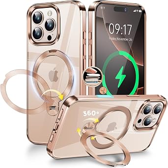 [CD Metal Ring & Invisible 360 Spin Stand] Magnetic Case for iPhone 16 Pro Max [Electroplated Shockproof Bumper ][Compatible with Mag Safe] Cover with Stand for Women Men Slim Clear, Desert Titanium
