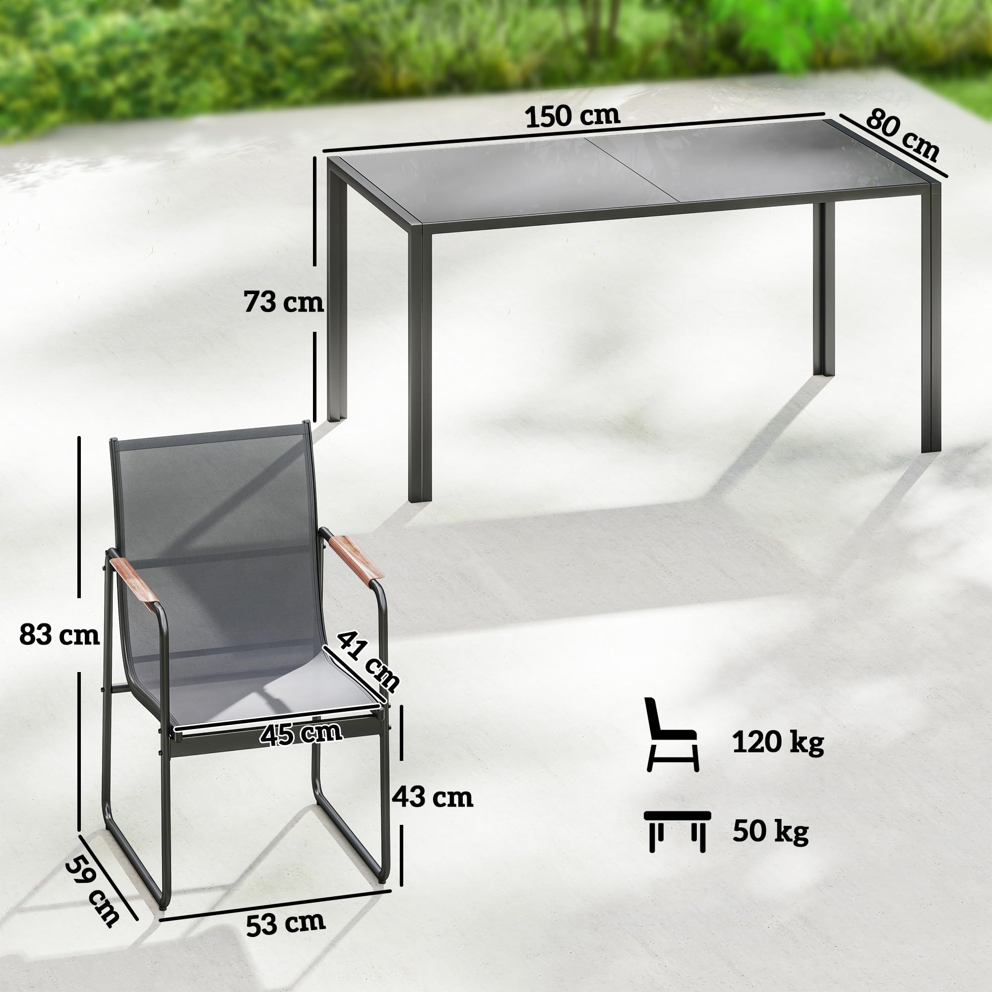 Outsunny 7-teiliges Outdoor-Esszimmer-Set für 6 Personen, Glastisch und Stühle mit dekorativen Armlehnen, Gartenmöbel aus Stahl für die Terrasse, grau