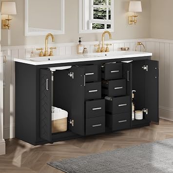 60 Inch Bathroom Vanity Set with 4 Soft Closing Doors & 6 Drawers, Freestanding Bathroom Vanity with Ceramic Sink, Big Space Storage for Modern Bathroom, Black