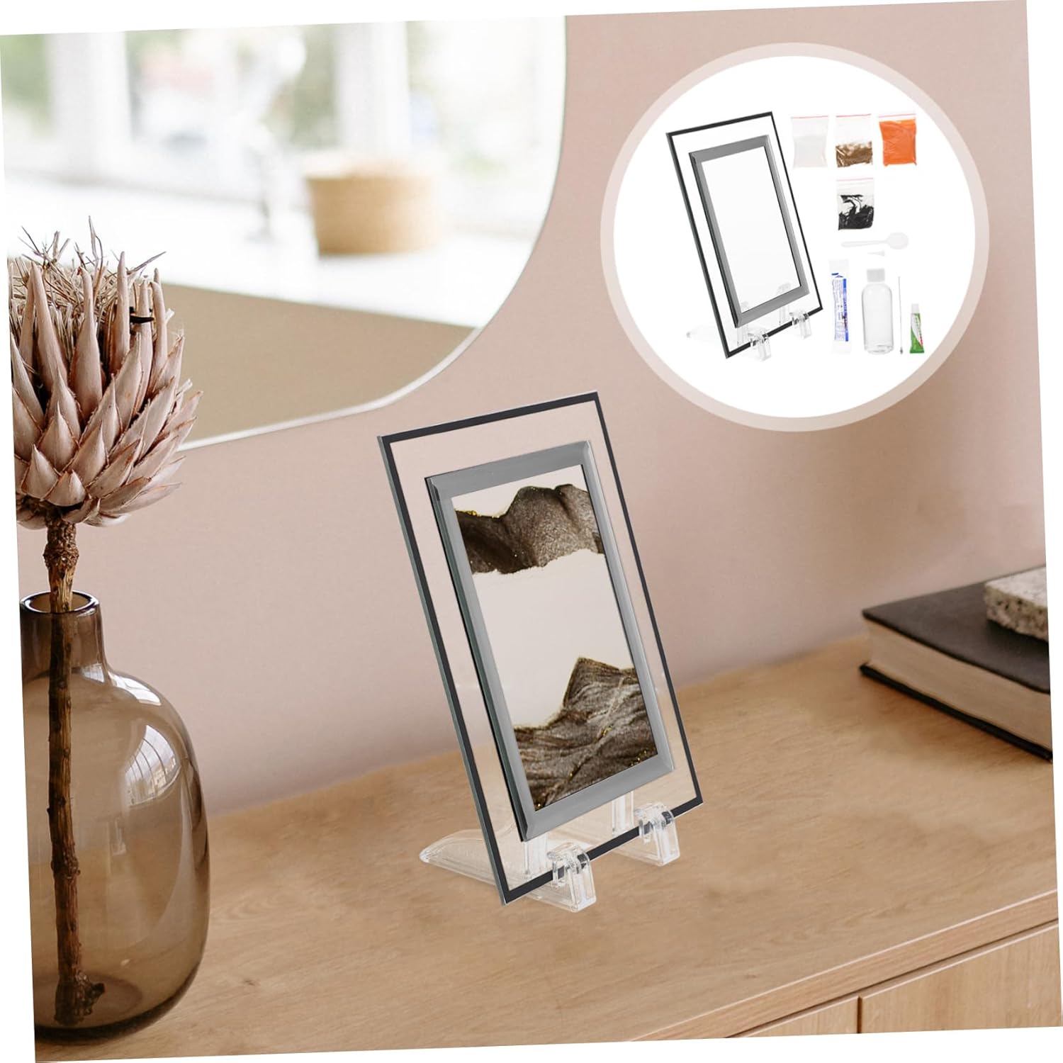 BESPORTBLE DIY Moving Sand Art Picture Square Elegant Desktop Home Office Decor Kit with Fine Workmanship and Glass Sand Painting for Artistic Living Space