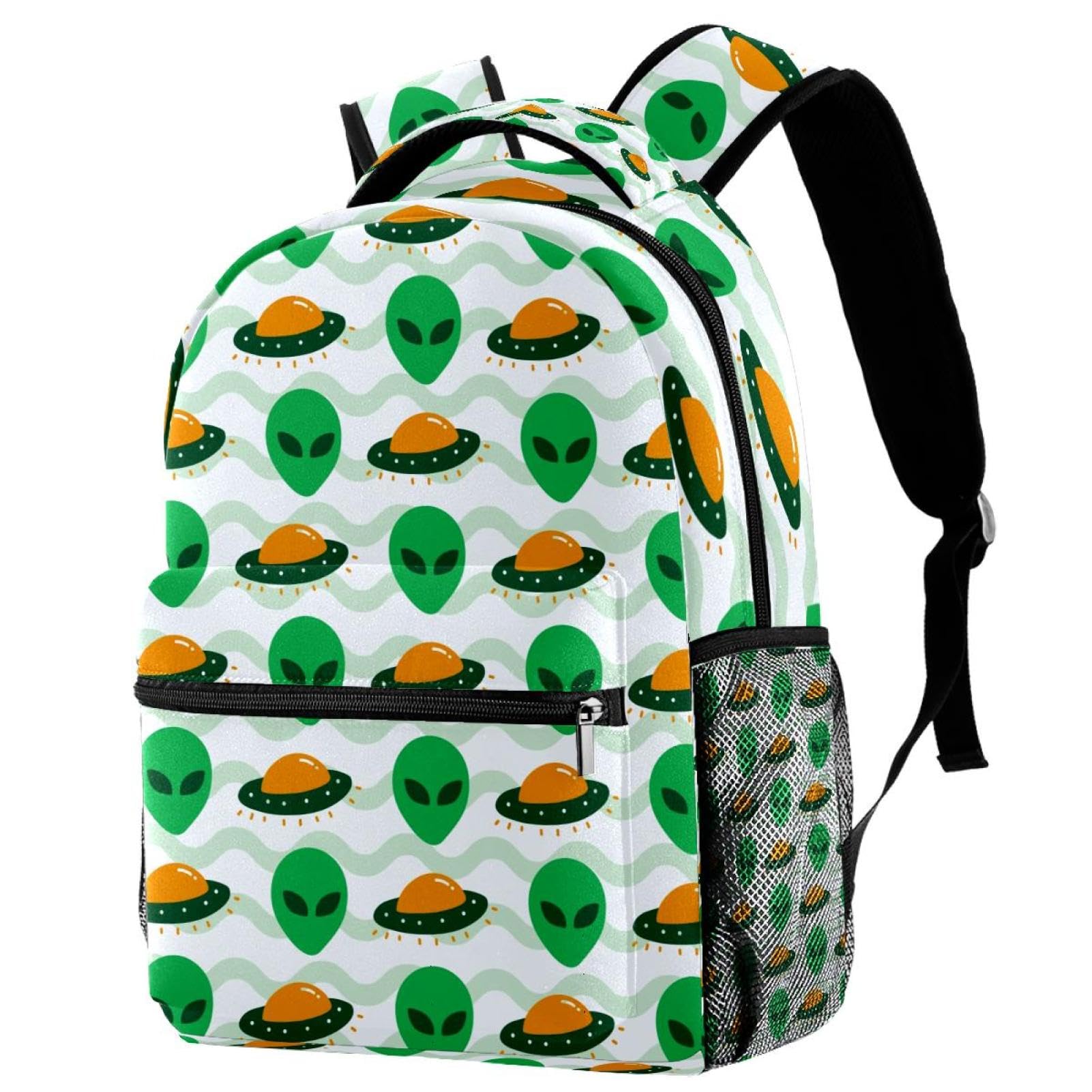 Sac à dos d'école imprimé Alien vert et vaisseau spatial
