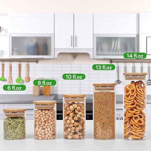 Miniatura 7 de STARSIDE Tarros de vidrio de 14 onzas con tapas de bambú, juego de 10 tarros de especias vacíos con etiquetas, recipientes herméticos para