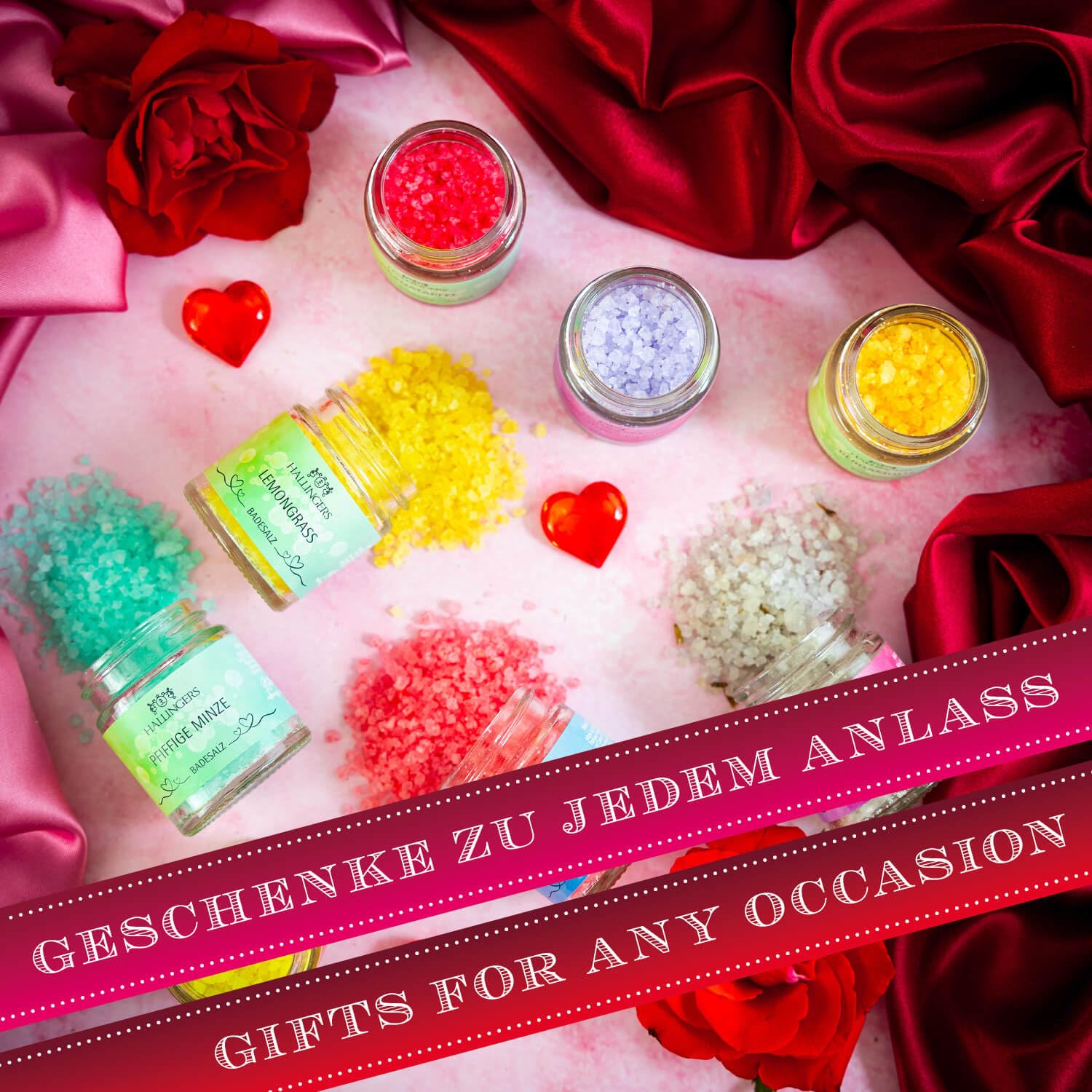 Hallingers Genuss Manufaktur Badesalze Valentinstagsgeschenk-Set - 24x Badezusatz mit Totes Meer Badesalz edle Geschenkbox, Badekristalle Fußbad & Spa "Ich Liebe Dich", Valentintstag für Frauen Männer