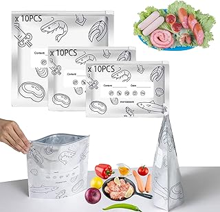 20/30PCS Reusable Aluminum Foil Sealable Storage Freezer Bags With Label and Zip Lock, Thicken Stand Up Foil Sealable Bags Keep Food Fresh for Food, Vegetable Fruit Meat (S+M+L-30PCS)