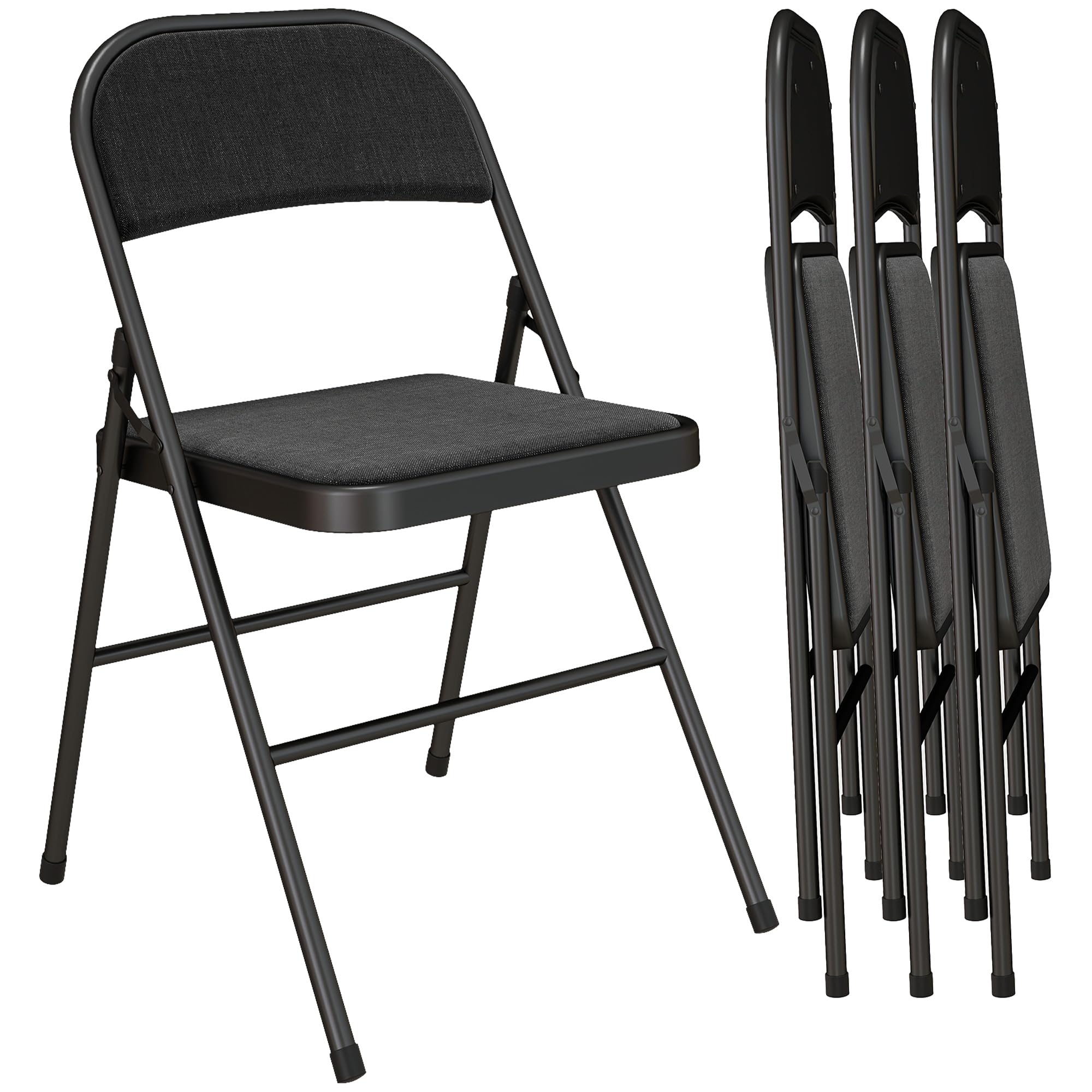 HOMCOM Padded Folding Chairs Set of 4 Linen-Look Foldable Chairs with Cushioned Seat and Metal Frame for Home Office Dining Computer Desk Reception Room Black