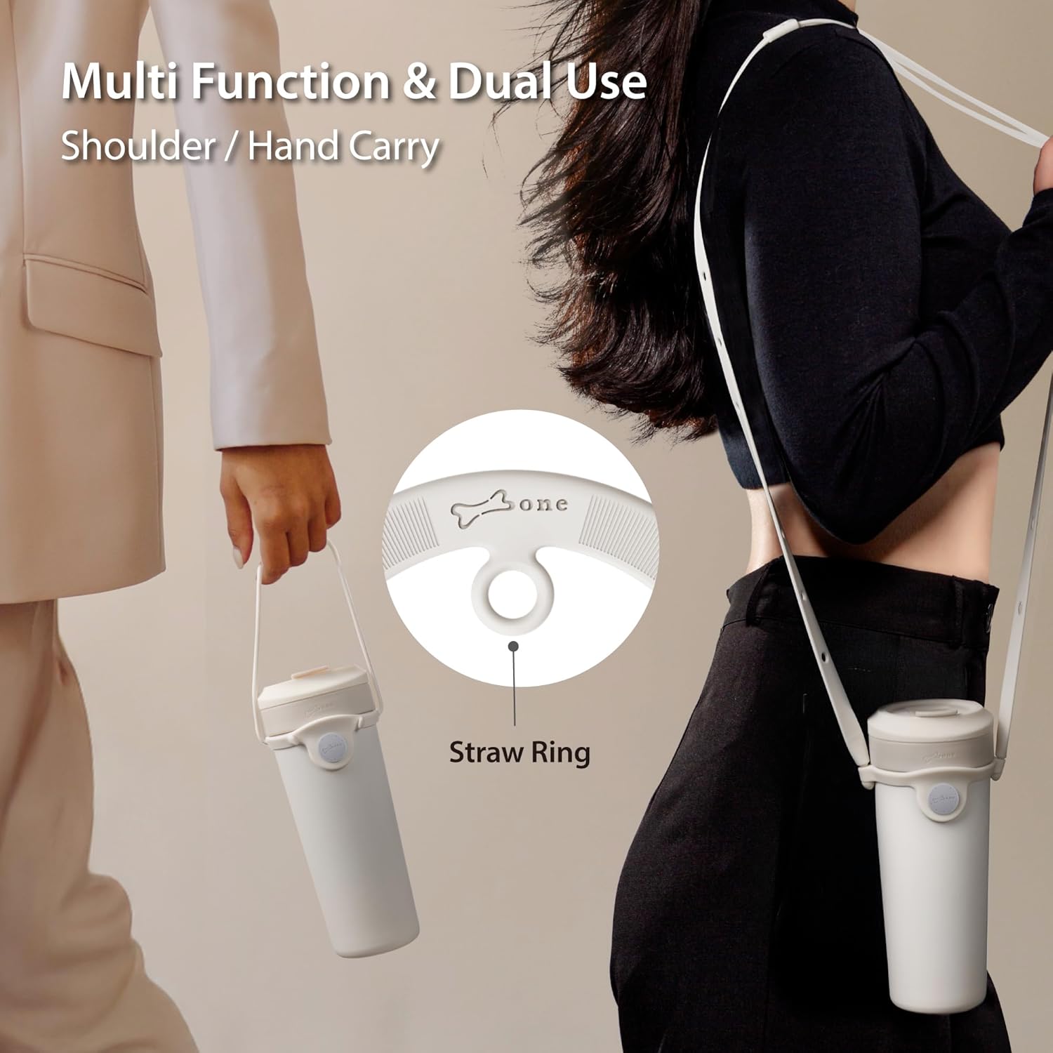 BONE 25oz Insulated Water Bottle with 2 Carrying Straps, Double-Walled Stainless Steel Travel Mug with Food Grade Silicone & Leak-Proof Lid, 750ml BPA-Free Coffee Tumbler for Men & Women (White) - Image 3