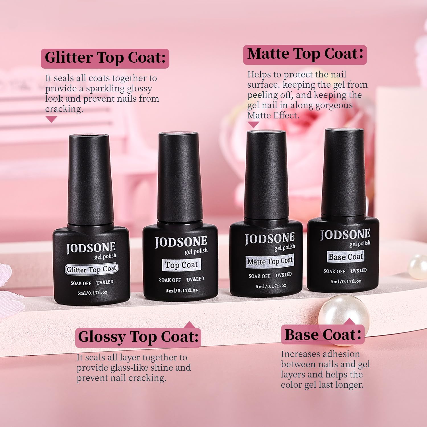 JODSONE Coffret de 32 Vernis Gel - Base & Top Coat Non nécessaire d'essuyer - Effets Mat & Brillant - Choix Professionnel