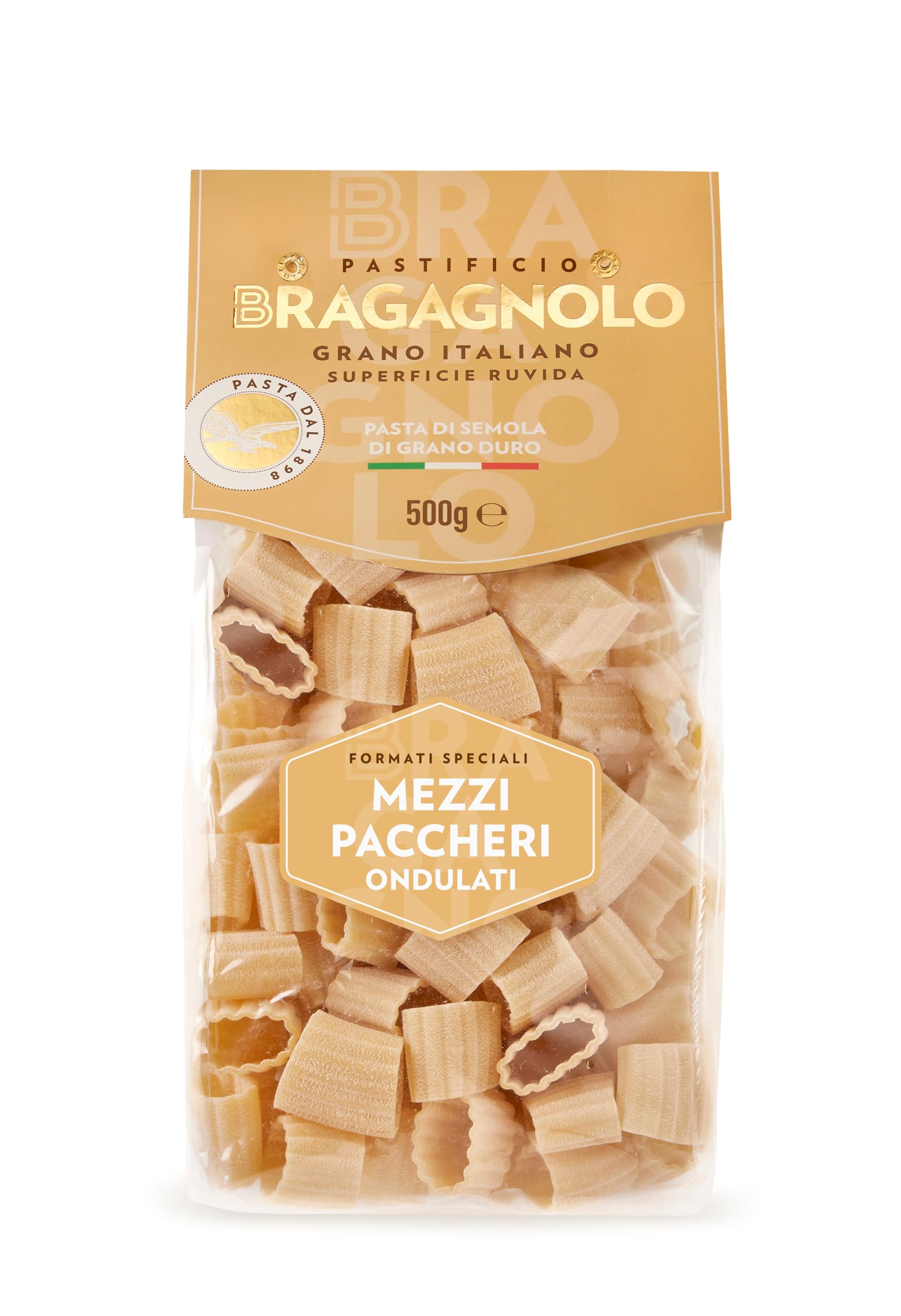Pastificio Bragagnolo, Mezzi Paccheri Ondulati 887 Trafilati Al Bronzo, Semola di Grano Duro 100% Italiano, 16 Confezioni da 500g