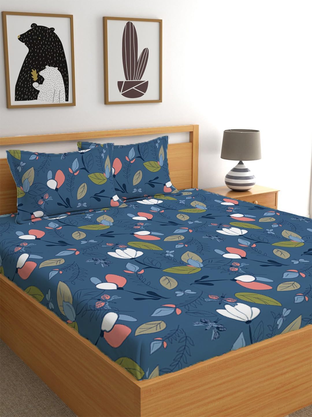 LOOMLYFE Cotton Feel Glace Cotton Elastic Fitted Printed Queen Size Double Bed Bedsheet with 2 Pillow Covers Fits Upto 8 inches Mattress,Size- 60x78x10 Inches, Navy White Green Leaf