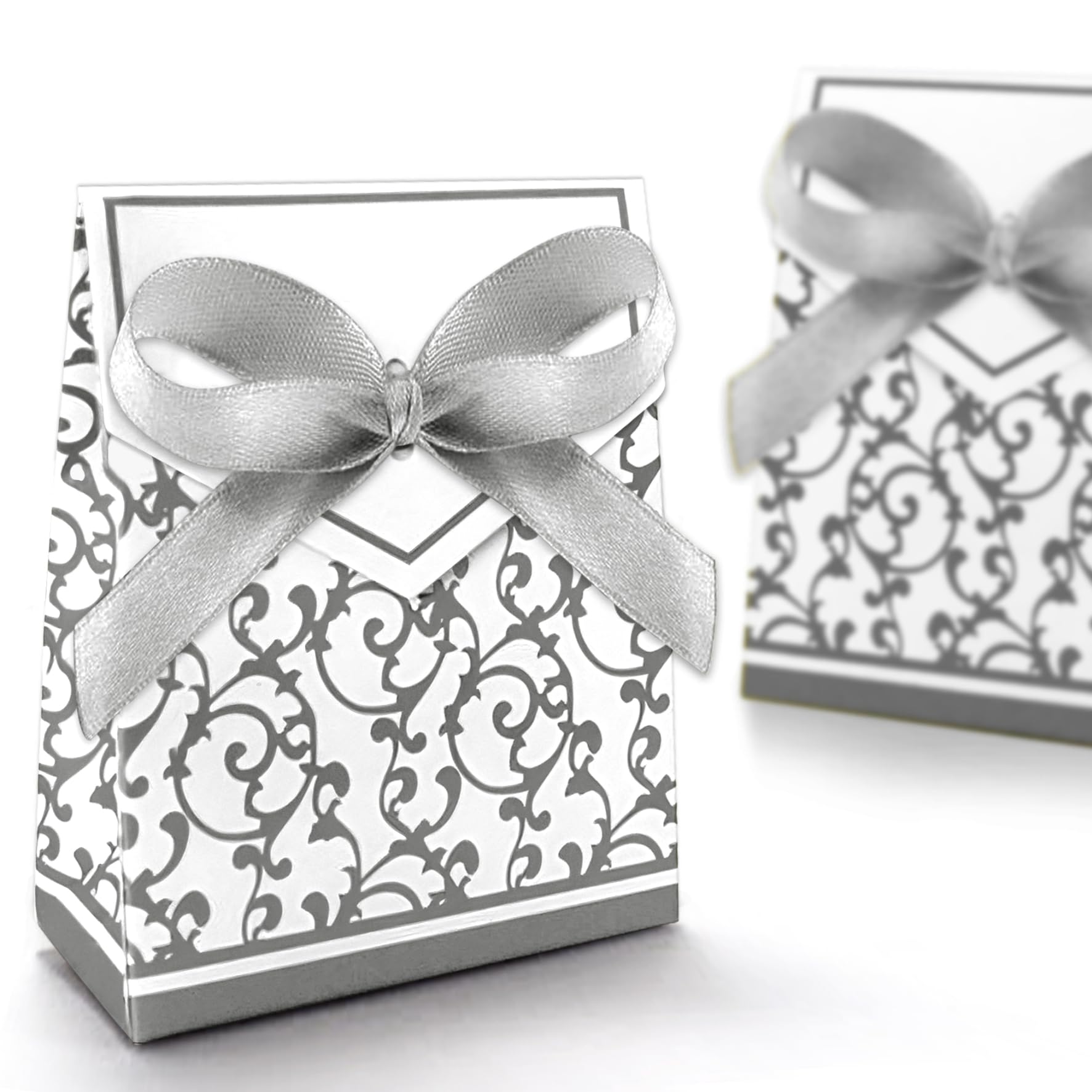 Chic2click Silver 100Pcs Wedding Candy Boxes, Wedding Favour Boxes With Ribbon, Party Favour For Decoration Anniversary Birthday Bridal Shower