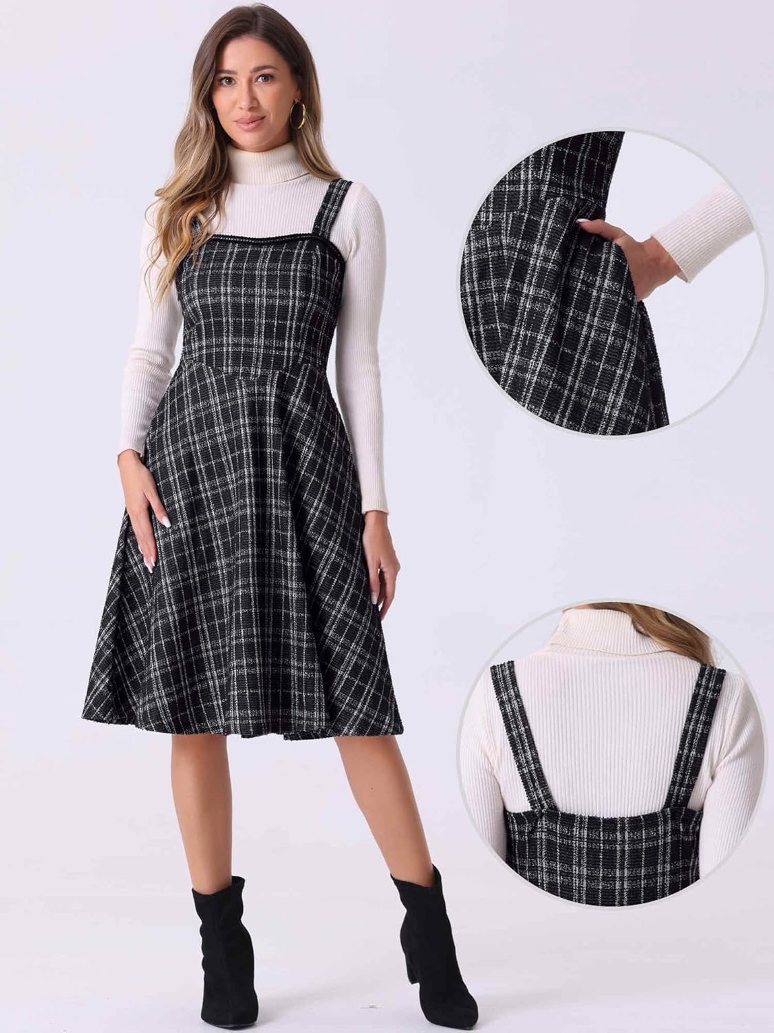 Allegra K Tweed Dress for Women's Sleeveless Square Neck Plaid A-Line Pinafore Overall Dresses - Image 2