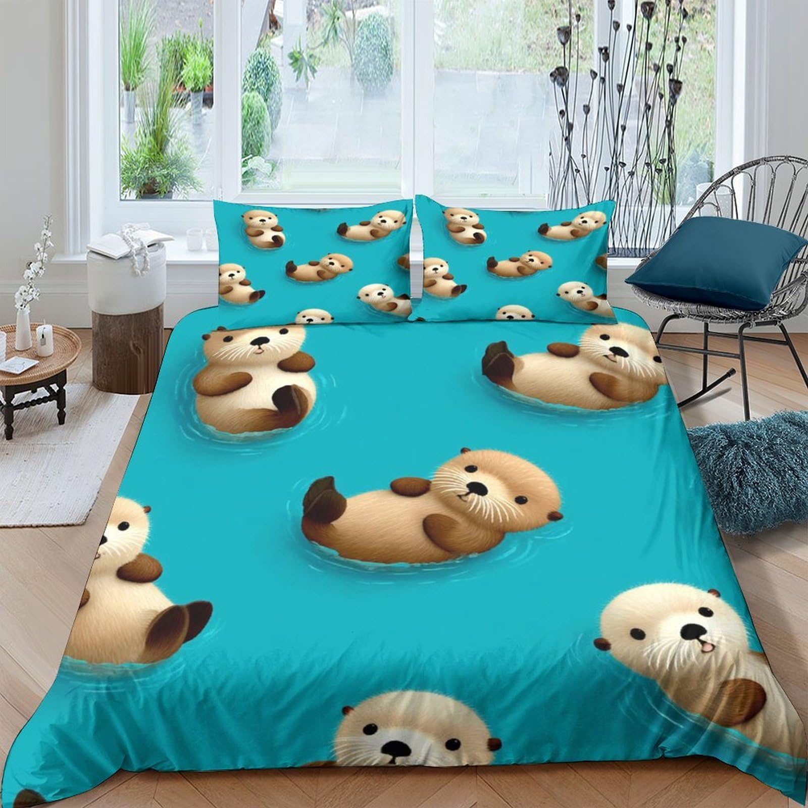 Ctjqhvkz Style-8 3D Printed Cute Otter Fitted Sheet Microfiber Soft Blue Animal Pattern Mattress Cover For Bedroom Dorm Home Decor Single（135X200cm）