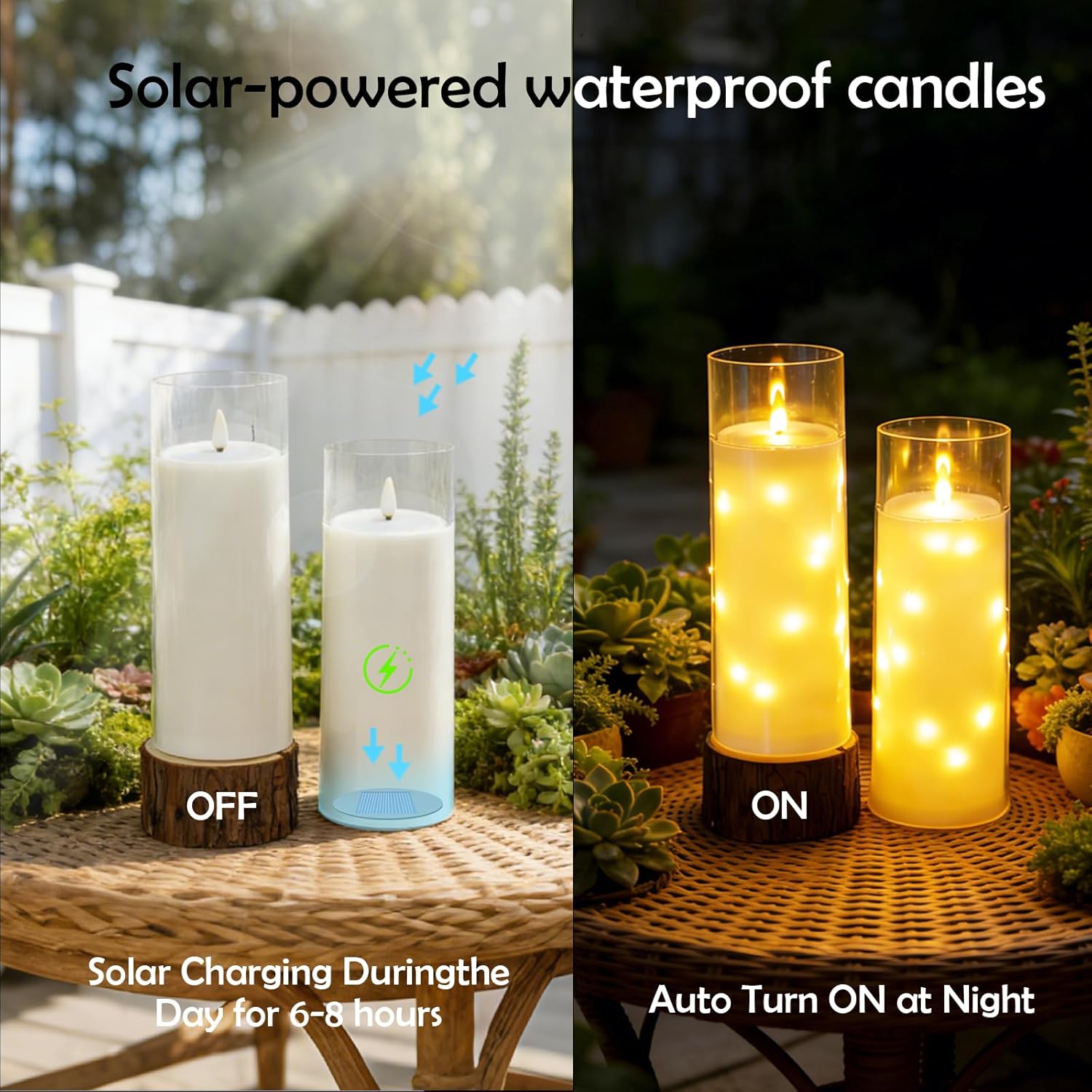 Large Solar Flameless Candles Outdoor Waterproof 11" x 4",2Pcs LED Pillar Candles Included Rechargeable Solar Battery with Embedded Star String for Outdoor Porch,Patio Decor(White)