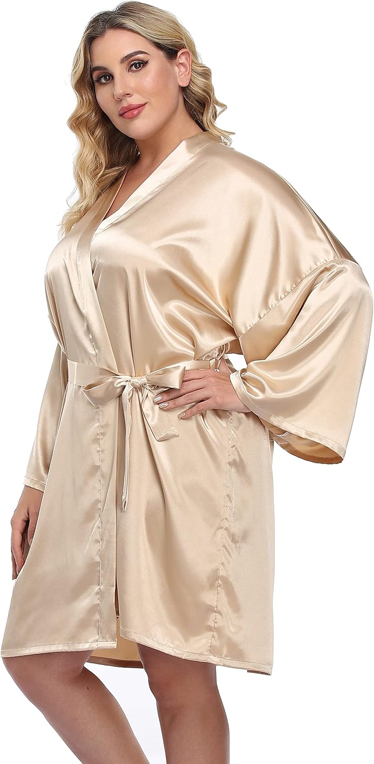 Women's Plus Size Satin Kimono Robes Short Silk Bathrobe Bridesmaid Wedding Party Nightgown Sleepwear
