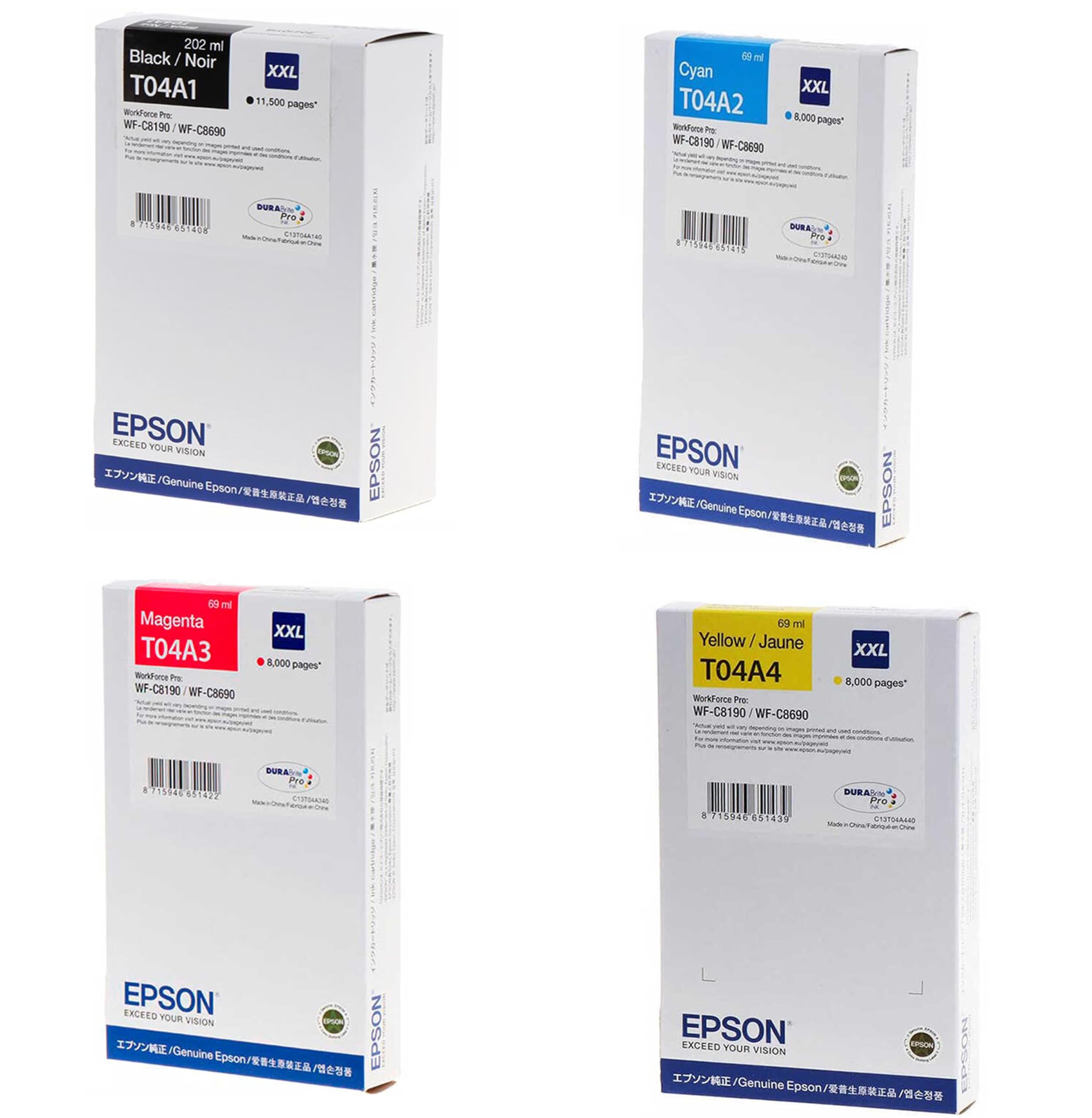 Epson T04A1, T04A2, T04A3, T04A4 XXL Cartucce d'inchiostro originali nero, ciano, giallo, magenta Multipack per WorkforcePro WFC8190, WFC8610, WFC8690