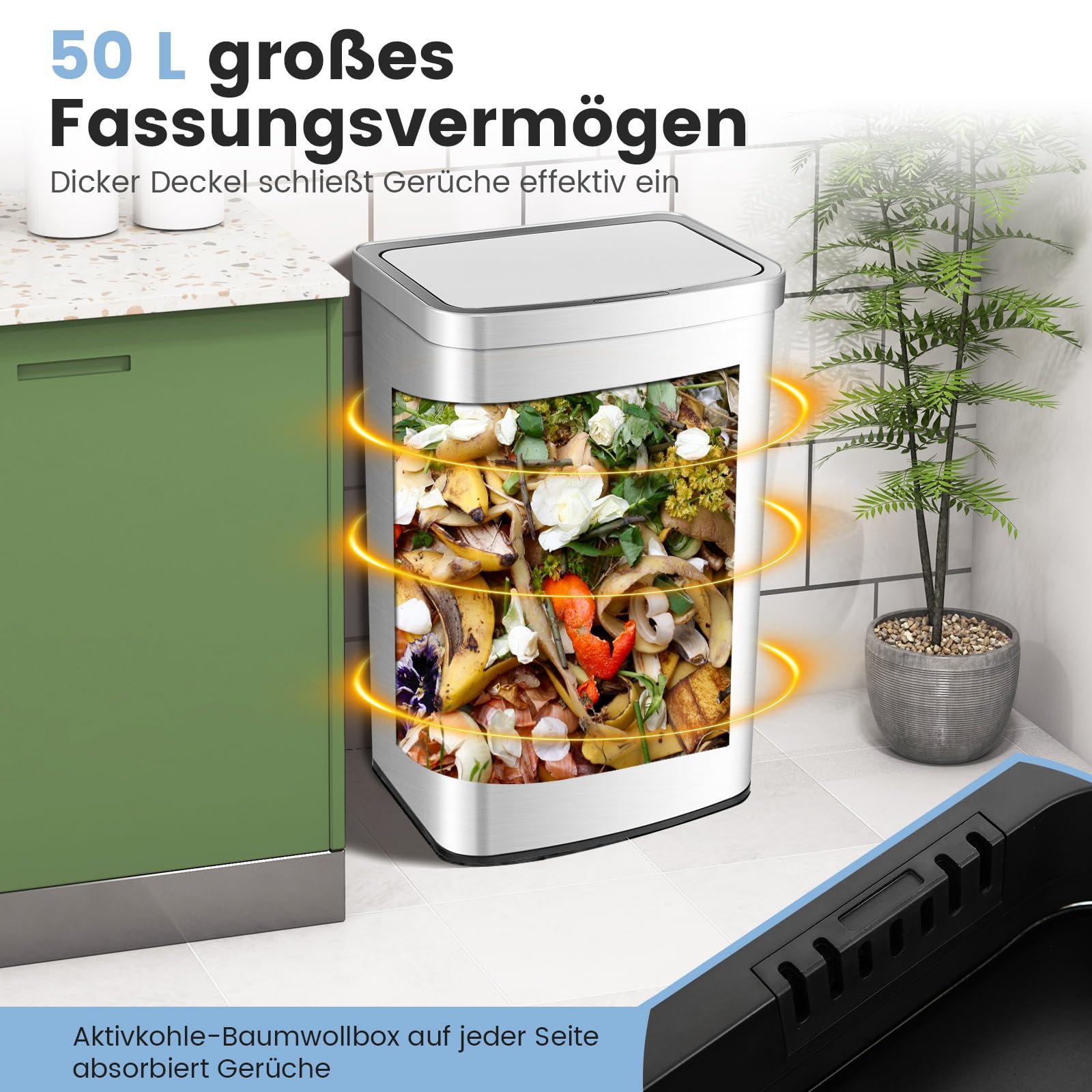 COSTWAY 50L Mülleimer mit Sensor, Abfalleimer Automatisch mit Deckel, Müllbehälter aus Edelstahl und Kunststoff, Mülleimer Küche für Badezimmer Schlafzimmer, Bad, Büro