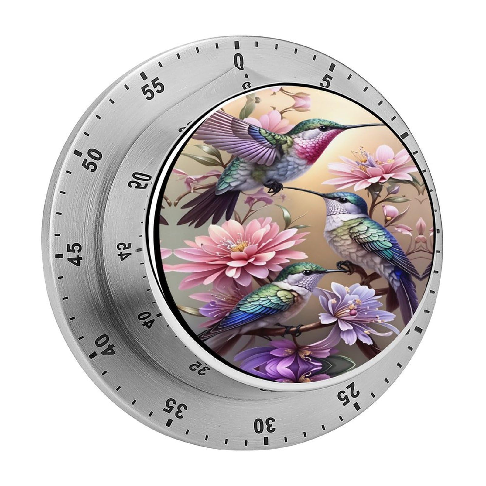 Hummingbird Flowers 60 Minute Wind Up Timer,Visual Mechanical Magnetic Timer with Loud Alarm for Kitchen