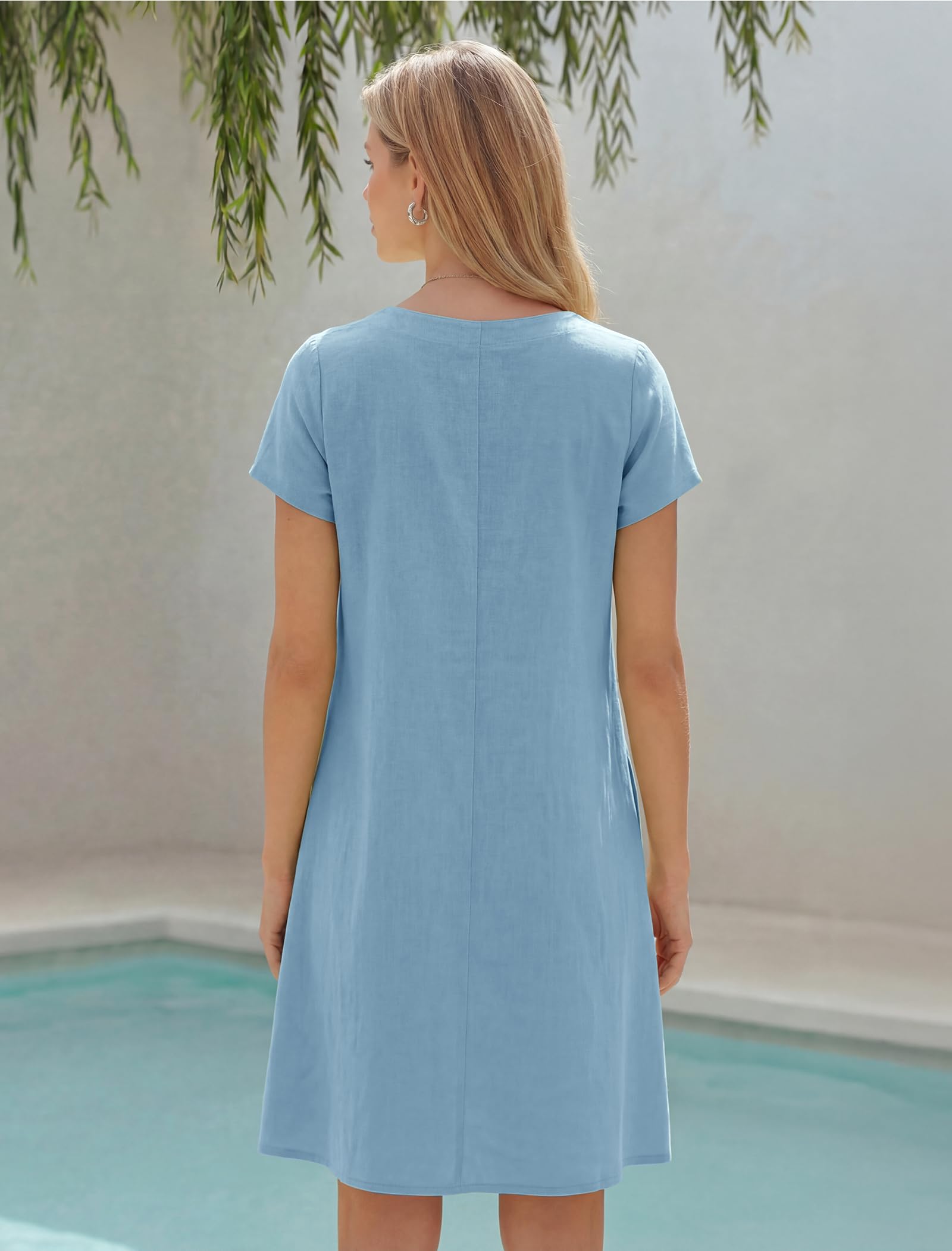 Enmain Vestido Lino Verano Mujer Manga Corta Cuello V Vestidos Mujer Casual Midi Playa con Bolsillos hasta la Rodilla sin Accesorios