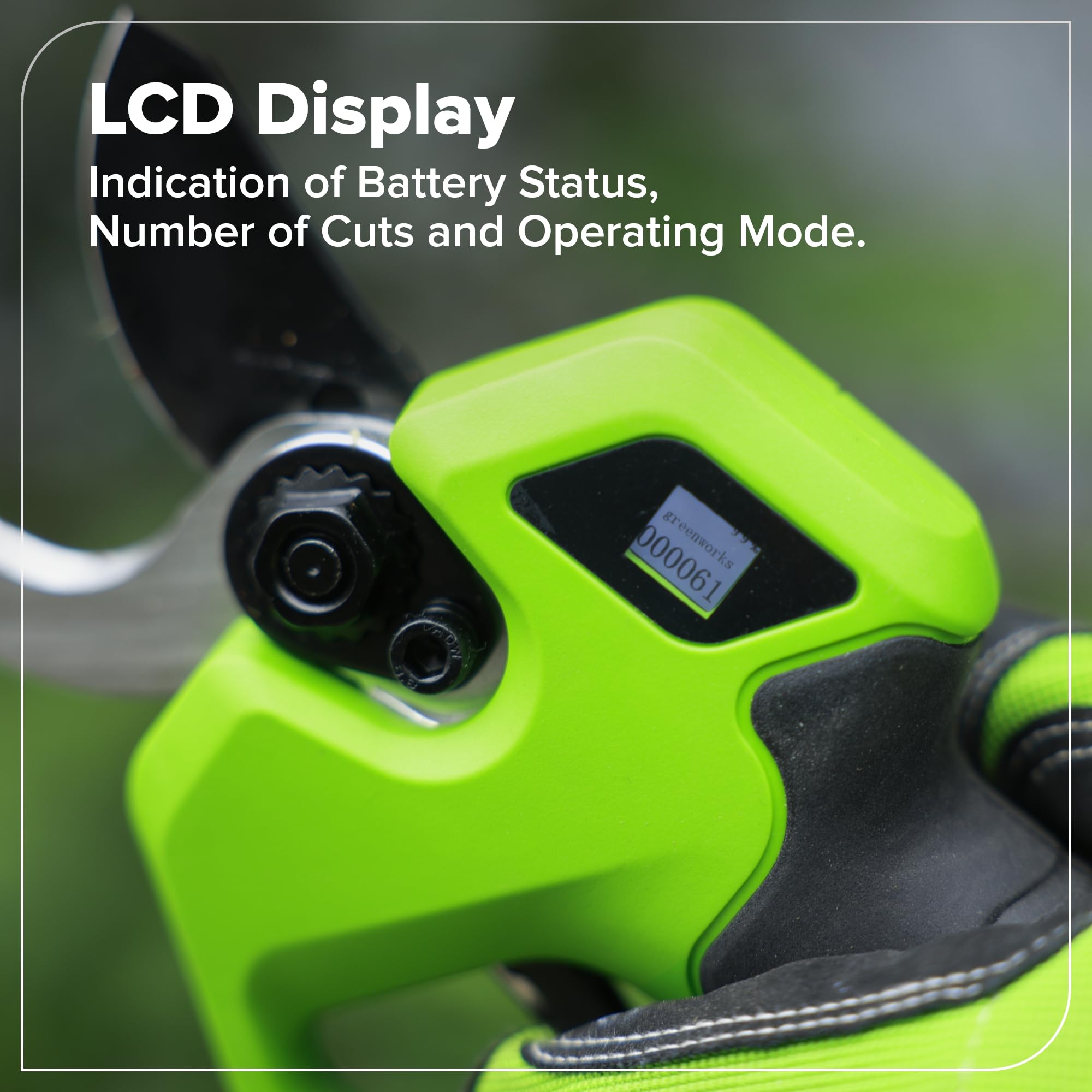 Greenworks Tijera Eléctrica 24V con Batería 2,0Ah & Cargador USB-C 30W, Motor Brushless, Cuchillas Acero, Apertura 22/32 mm, Pantalla LED, Tijera Poda LP1202A1