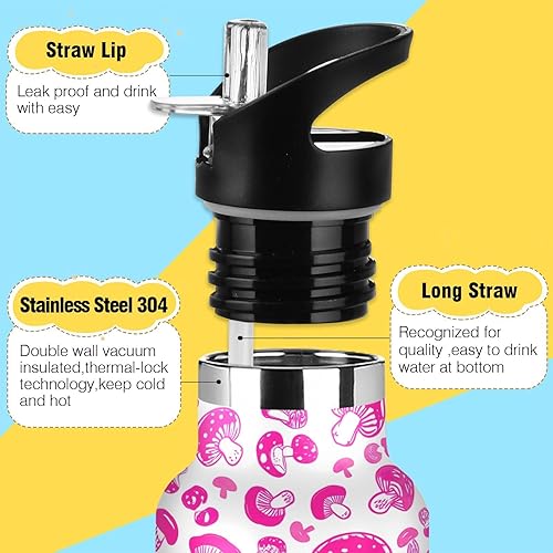 Miniatura 3 de Botella de agua personalizada para niños para la escuela, botella personalizada de 20 onzas para niños y niñas, sin BPA, hongos rosa