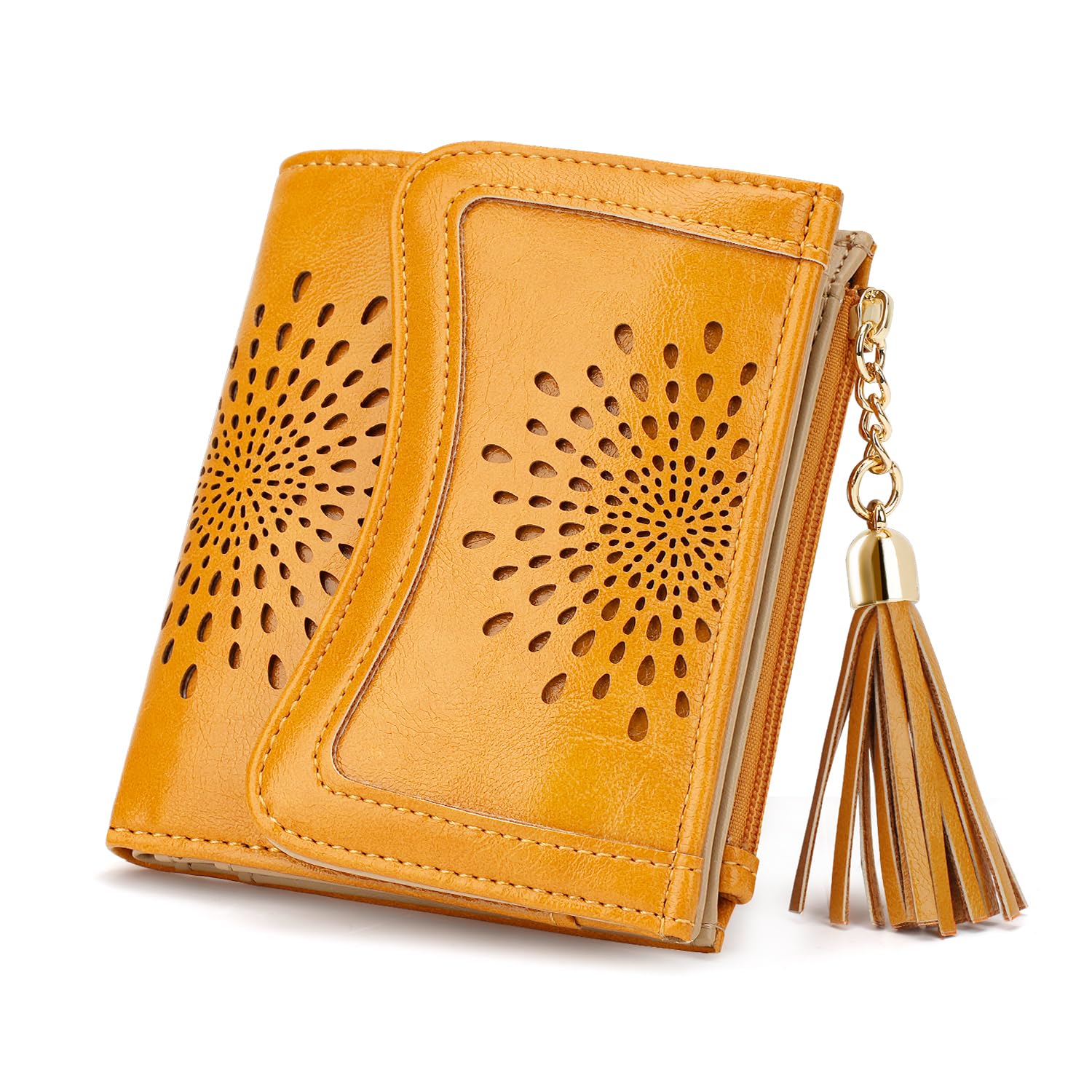 APHISON Small Wallet for Women, Sunflower RFID Wallet Women Leather Womens Wallet Cute Compact Bifold Wallets Zipper Tassel Coin Purse ID Card Holder Yellow