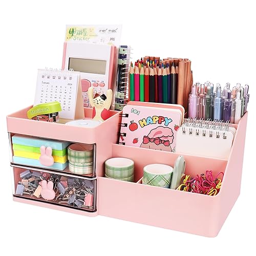 Meiikun Desk Organizer (Pink) - 8 Compartments + 2 Drawer 