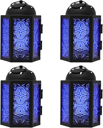Miniatura 1 de Juego de 4 faroles portavelas Vela Lanterns, decorativos, marroquíes, de cristal cobalto, tamaño pequeño