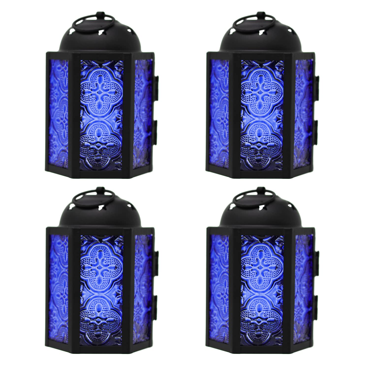 Vela Lanterns Mini Small 4.5 Inch Metal Moroccan Lantern Decorative Candle Tealight Holder for Centerpieces, Indoor Home Decor, Outdoor Patio, Weddings, Cobalt, Set of 4