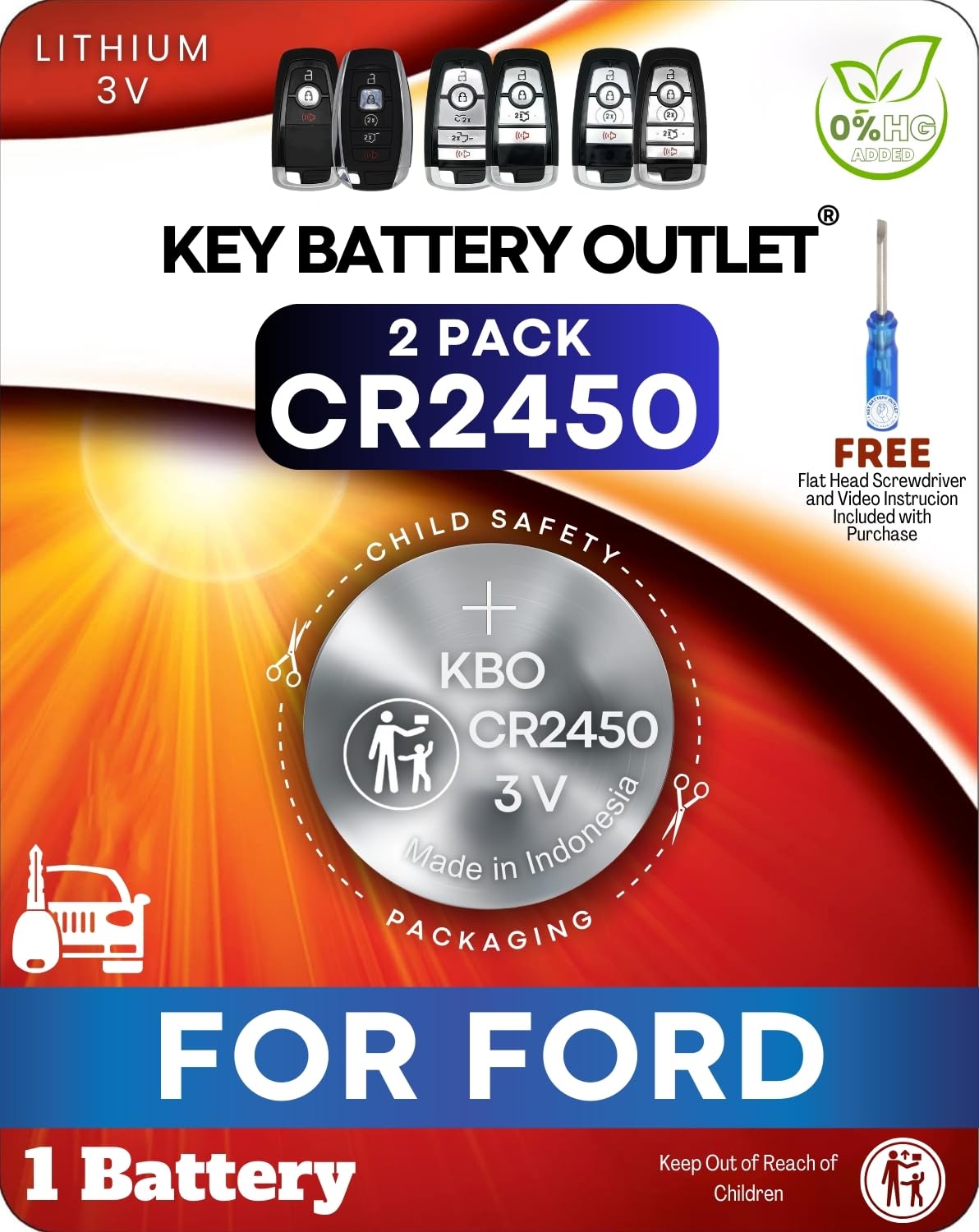 Key Fob Battery for Ford Lincoln Explorer Expedition Fusion Edge Bronco Ranger Mustang (1 Pack) CR2450 Remote Key Battery Replacement with Screwdriver
