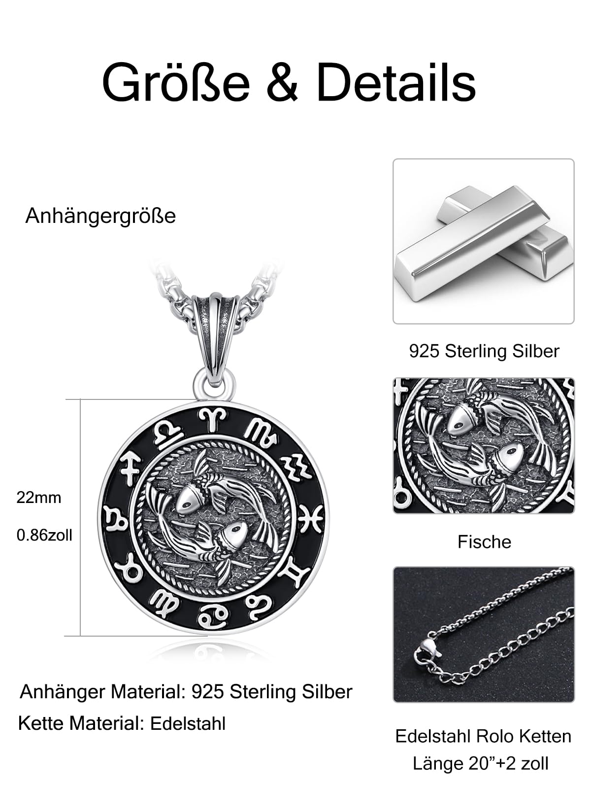 KINGWHYTE 12 Sternzeichen Anhänger Kette für Herren 925 Sterling Silber Konstellation Kette 22mm Astrologie Horoskop Anhänger Runde Tierkreiszeichen Halskette Sternbilder Schmuck Geschenke für Männer