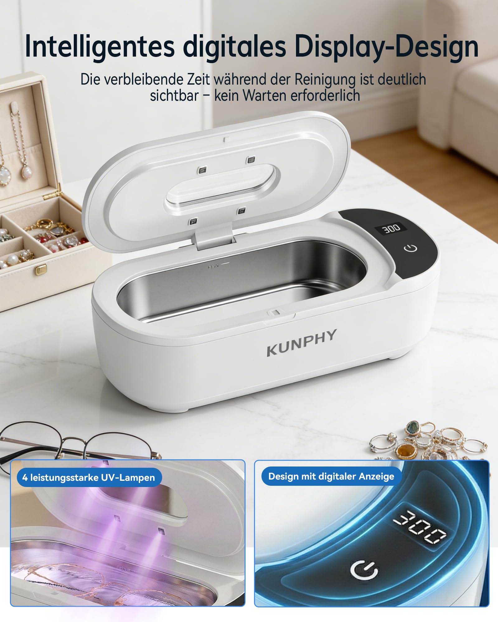 KUNPHY Ultraschallreinigungsgerät mit U-V – Brillenreinigungsgerät 400ml(20Oz) 48kHz, Ultrasonic Cleaner mit digitalem Dual-Modus-Display(5/10min), Ultraschallreiniger für Brille, Schmuck, Uhren