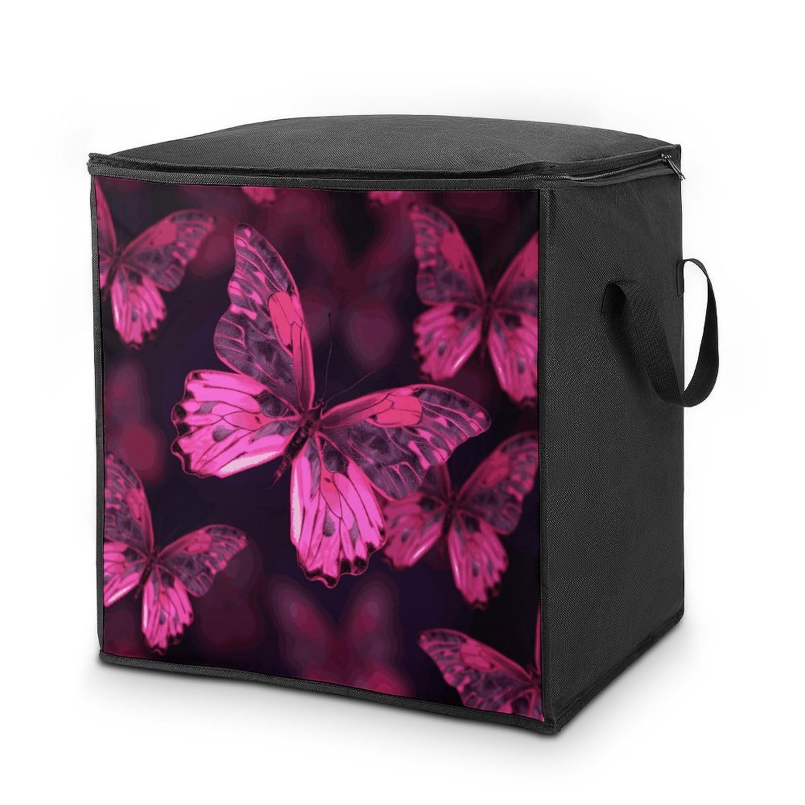 70L Pink Butterfly Storage Bag With Zipper Closet Organizers with Handle for Home Storage Organizer for Blankets Quilts Clothes Comforter Bedding And Pillows