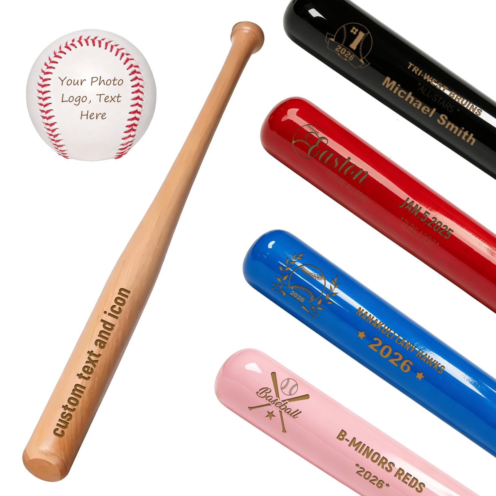 Personalised Baseball Bat, Custom Engraved Wooden Small Bat with Name, Number & Logo, Mini Bat for Display or Collection Gift for Youth Leagues, Players, Coaches, Dads (Versatile Baseball Gifts)