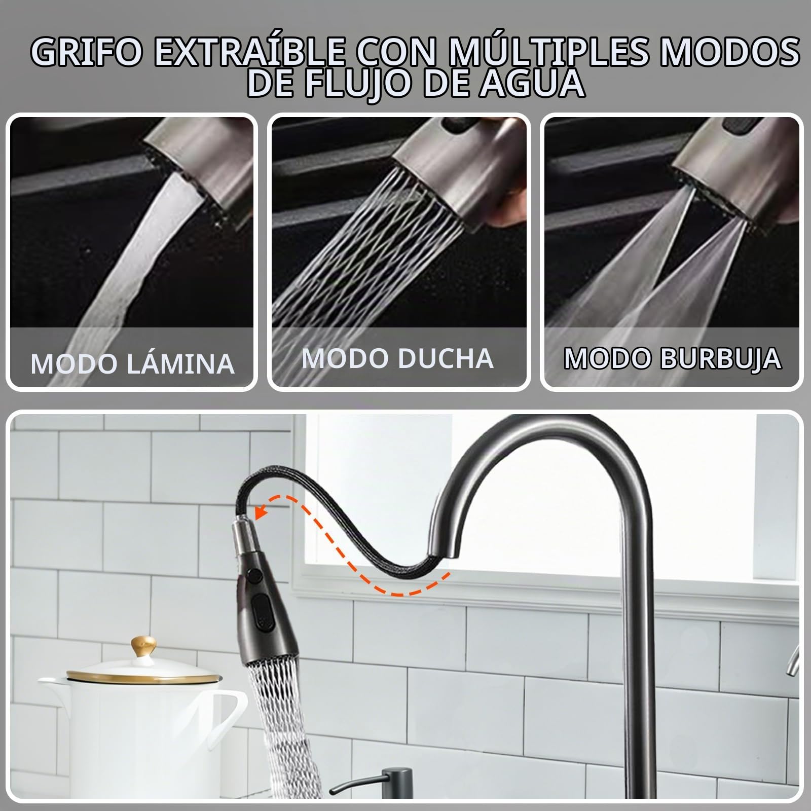 Fregadero Cocina Multifuncional 1 Seno Negro 80x45 cm | Fregadero Cascada en Acero Inoxidable 304, Grifo Extraíble y Grifo Filtrante, Tabla de Cortar y Accesorios Completos