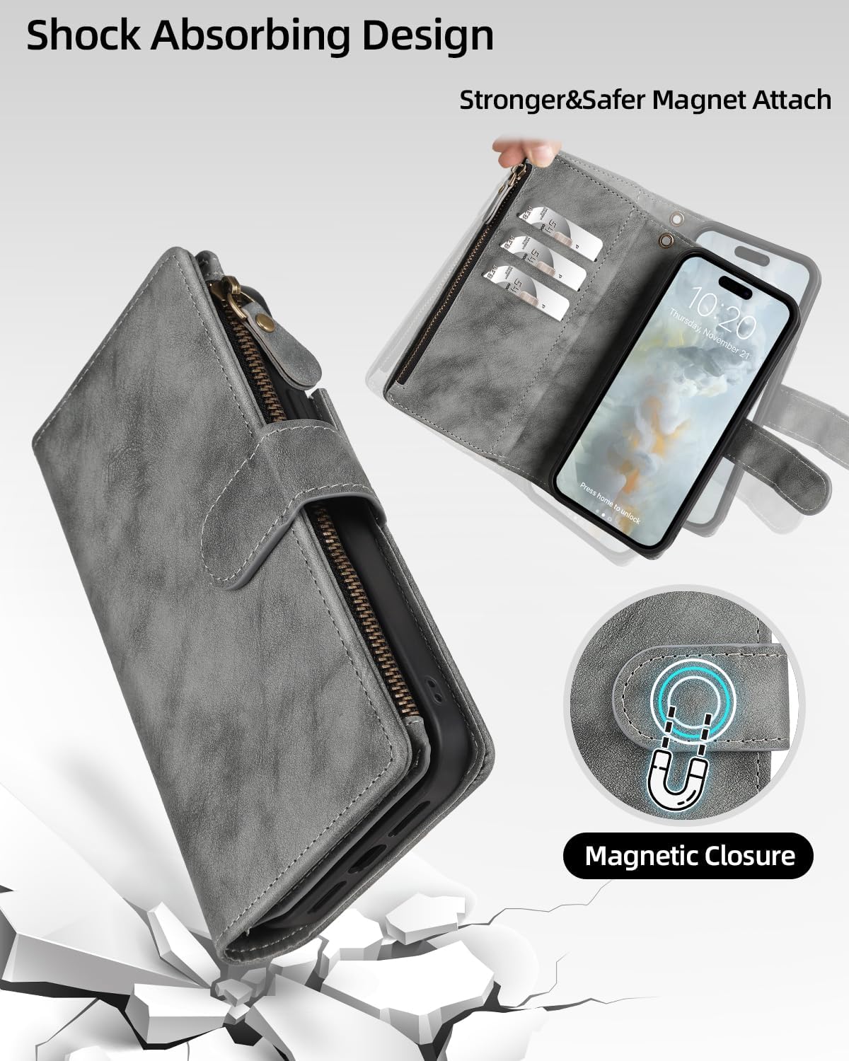 CASEOWL iPhone 14 Pro Max Case Wallet [Support Magsafe Charger] Magnetic Detachable Flip Leather Wallet Phone Case with 10 Card Slots[RFID Blocking], Zipper Pocket, Stand, Strap for Women Men,Gray