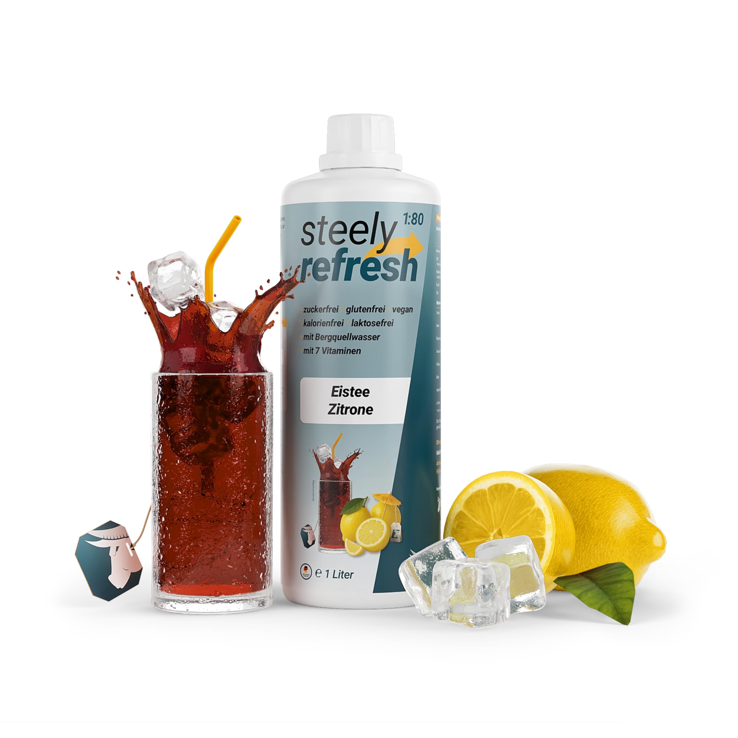 SteelyRefresh Getränkesirup von STEELY SPORTS | Zuckerfreier Sirup mit Vitaminen | Geschmack: Eistee-Zitrone | 1L Flasche – ergibt 80 Liter Fertiggetränk | Ideal als Sportgetränk & im Alltag