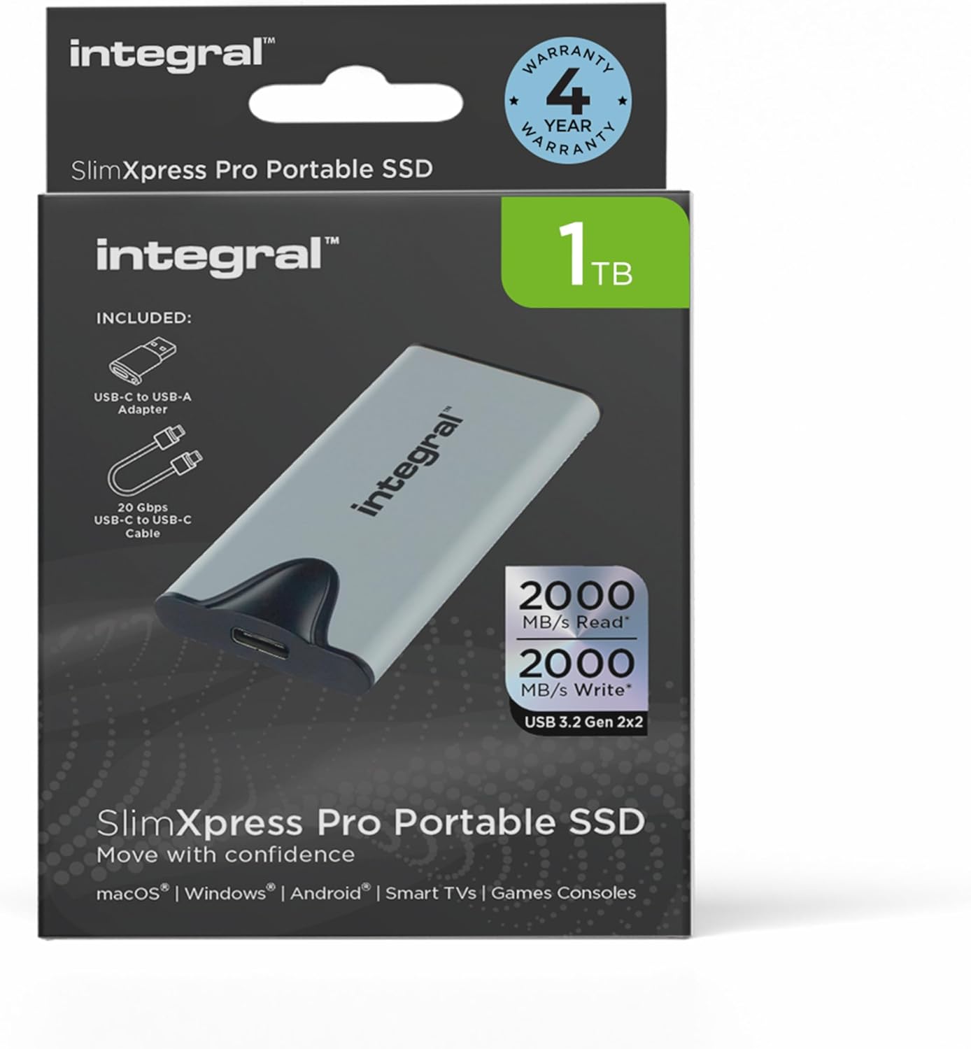 Integral SlimXpress Pro 1TB Portable SSD External Hard Drive: USB-C, 2000MB/s Read/Write, USB 3.2 Gen 2x2, Compact Design, Plug & Play, Compatible with Mac, Windows PC, Android, Xbox, PlayStation
