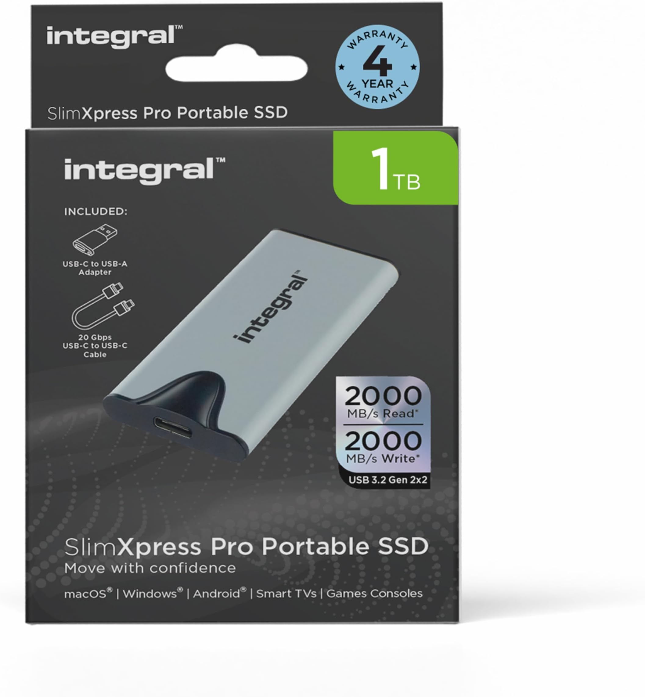 SlimXpress Pro 1TB Portable SSD External Hard Drive: USB-C, 2000MB/s Read/Write, USB 3.2 Gen 2x2, Compact Design, Plug & Play, Compatible with Mac, Windows PC, Android, Xbox, PlayStation