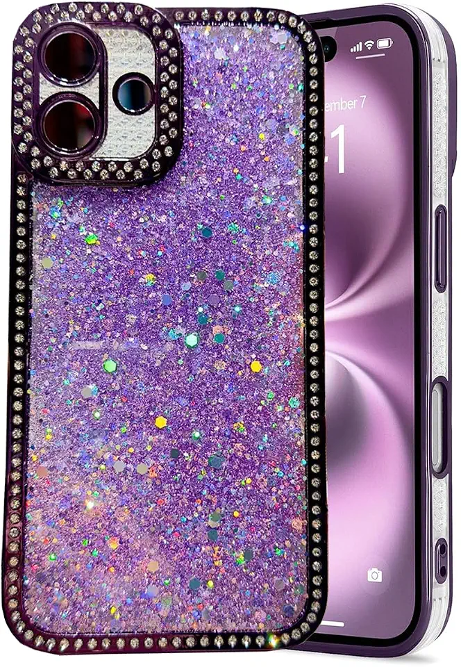 Compatible with iPhone 16 Pro Case, Luxury Shiny Bling Sparkly Bumper Cover with Crystal Diamonds for Women Girls Soft Slim Shockproof Protective Phone Case (Purple, 16 Pro)