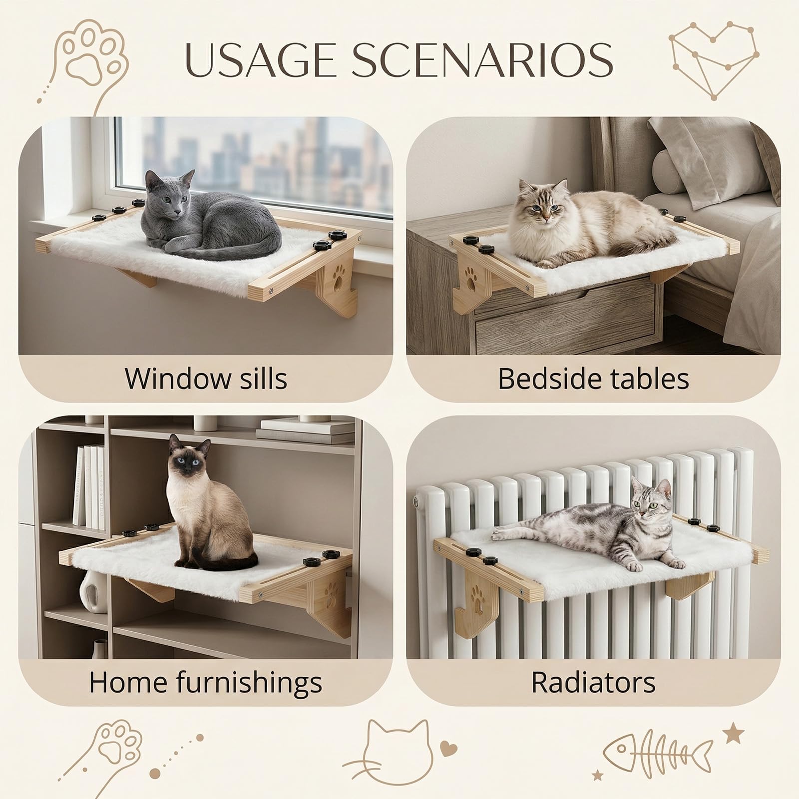 Amaca per Gatti - Amaca Gatto Finestra in legno con Cuscino in Peluche Lavabile, Lettino Sospeso per Gatti Senza Forare per Finestra, Termosifone e Balcone