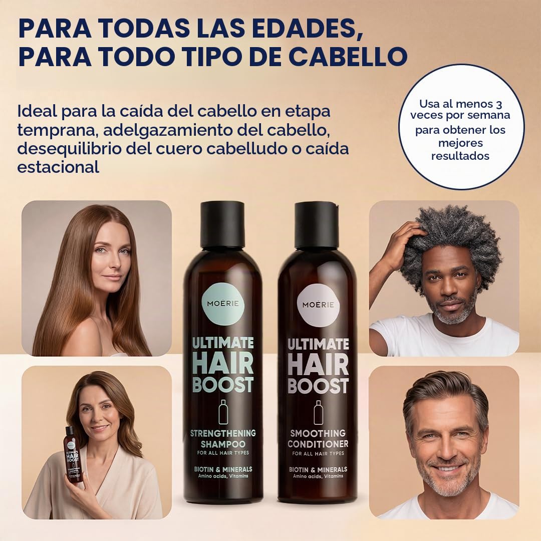Moerie champu Anticaída mujer y hombre – Champu y acondicionador voluminizador con ingredientes de origen natural - Con más de 100 activos para un cabello grueso, largo y saludable. 2 X 8.45 Fl Oz